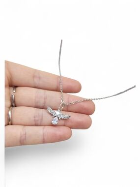 Silver Angel Wing Necklace with Clear Teardrop Pendant